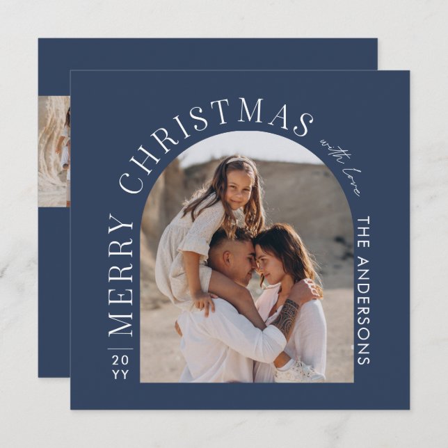 Modern typography photo collage blue Christmas Holiday Card (Front/Back)