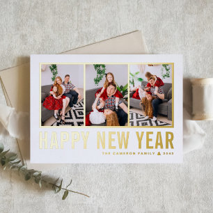 Modern Typography Photo Collage Happy New Year Foil Holiday Card
