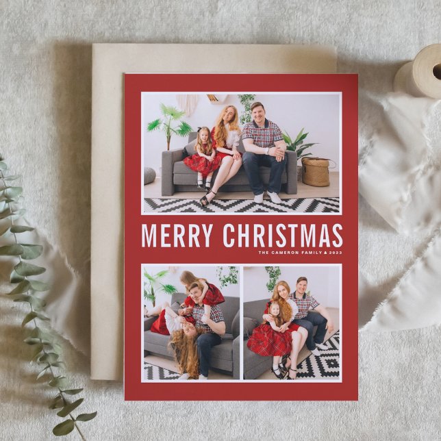 Modern Typography Photo Collage Red Christmas Holiday Card (Creator Uploaded)