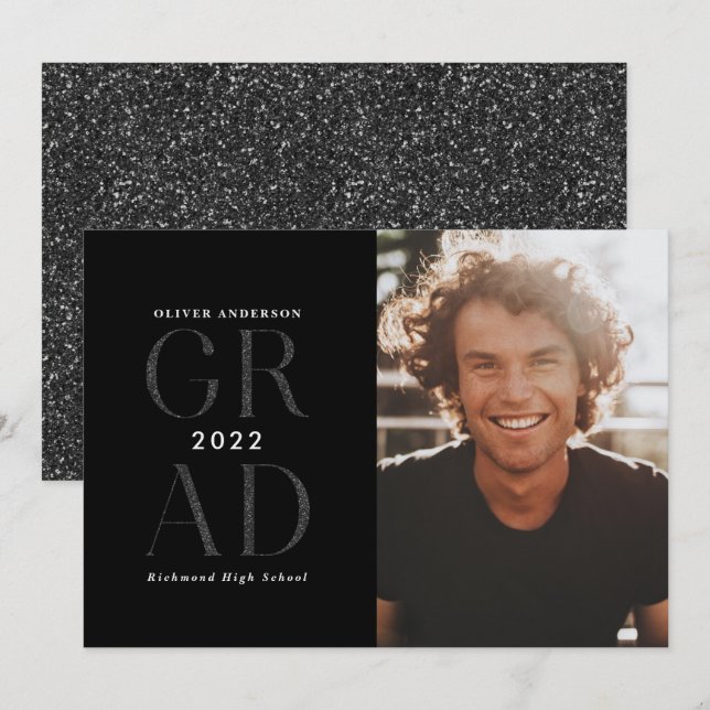 Modern typography photo graduation black glitter invitation (Front/Back)