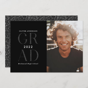 Modern typography photo graduation black glitter invitation