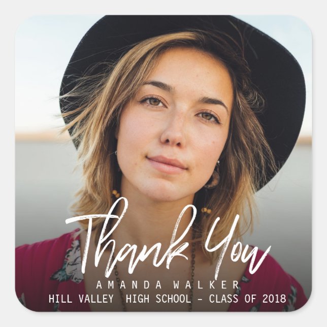 Modern Typography Photo Graduation Thank you Square Sticker (Front)