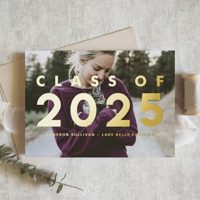 Modern Typography Photo Overlay Graduation Gold Foil Invitation Postcard (Personalized photo graduation invitation featuring gold foil typography - available in other colors.)