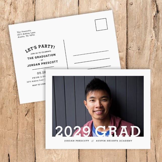 Modern Typography Photo Overlay Graduation Party Announcement Postcard (Creator Uploaded)