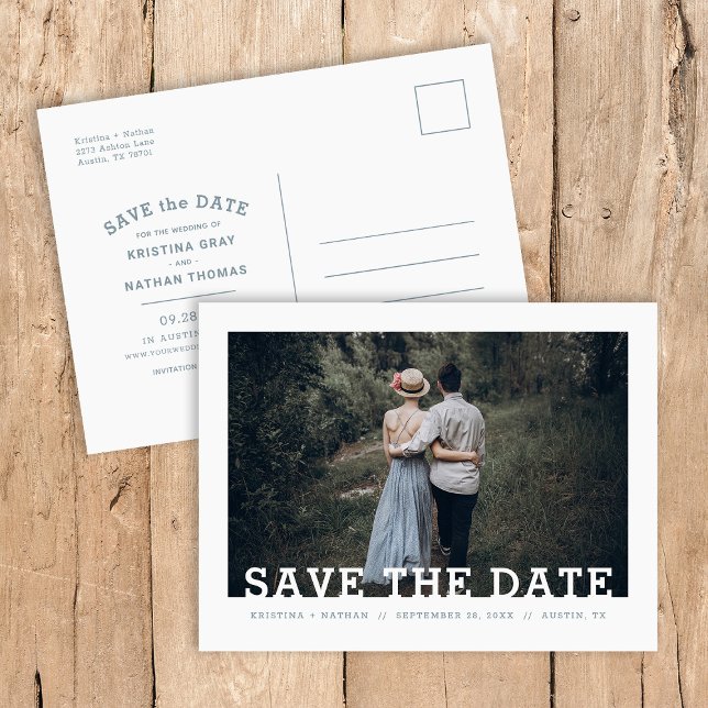 Modern Typography Photo Overlay Save the Date Announcement Postcard (Creator Uploaded)
