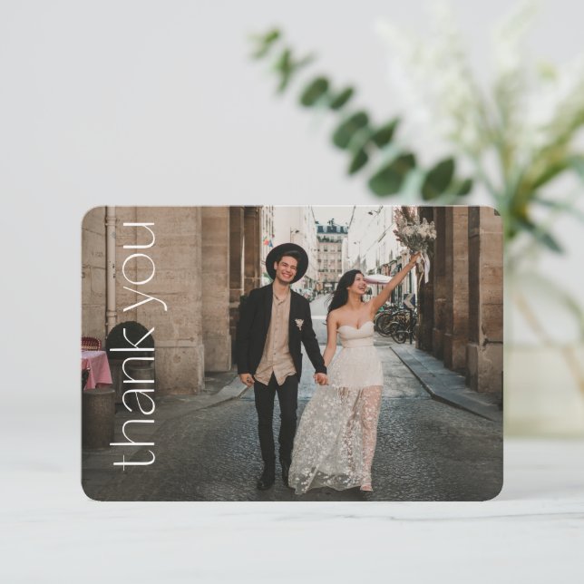 Modern Typography Photo Overlay Wedding Message  Thank You Card (Standing Front)