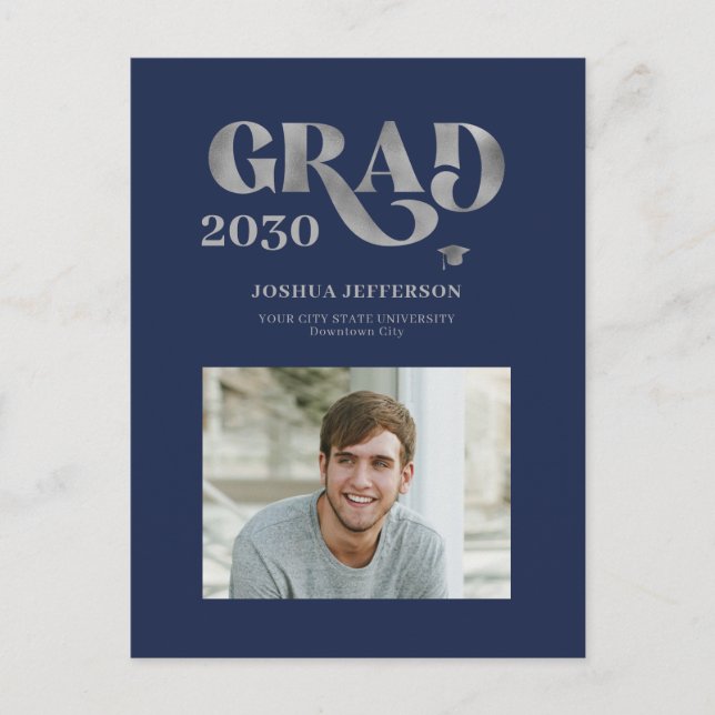 Modern typography photo silver glitter graduation  announcement postcard (Front)