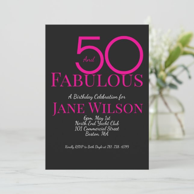 Modern Typography Pink Black 50 Fabulous Birthday Invitation (Standing Front)