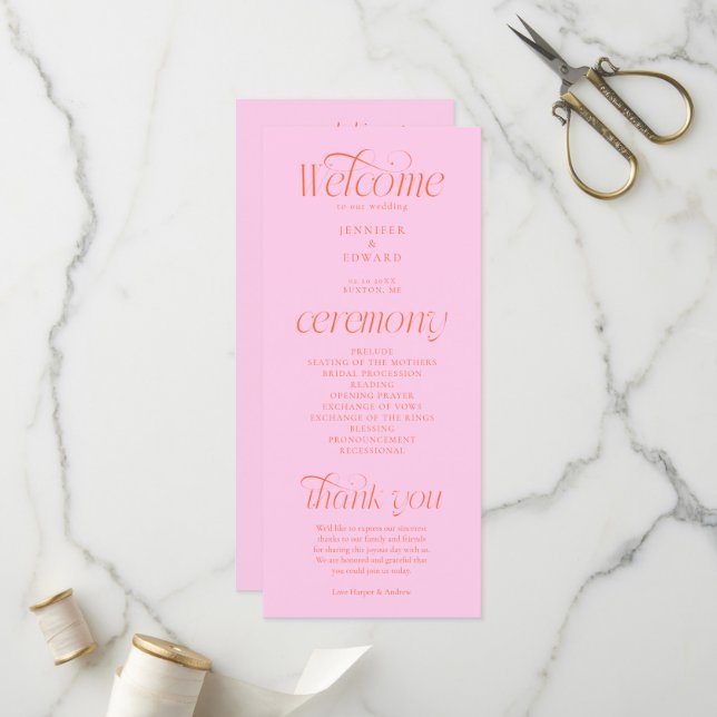 Modern Typography Pink Orange Wedding Program Programme (Front/Back In Situ)
