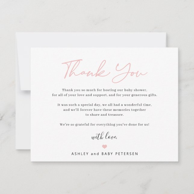 Modern typography pink script girl baby shower thank you card (Front)