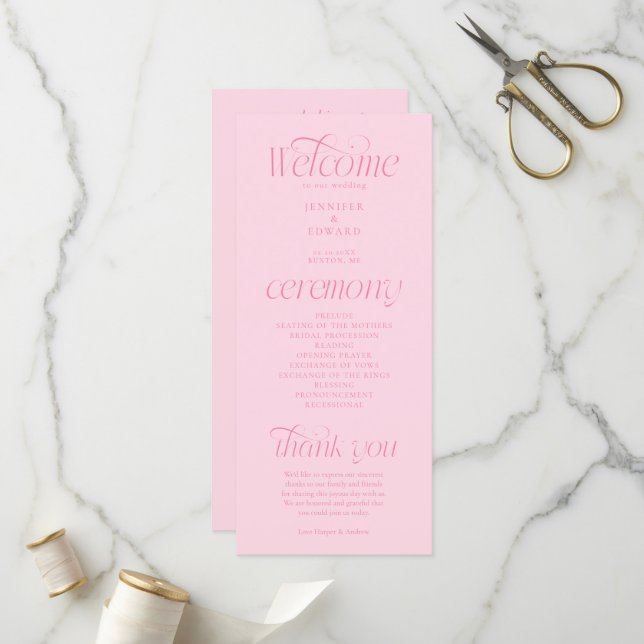 Modern Typography Pink Wedding Program Programme (Front/Back In Situ)
