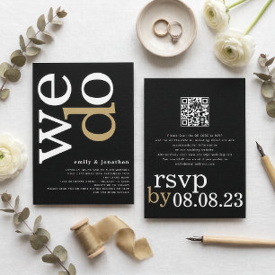 Modern Typography QR Code White Gold Black Wedding Invitation