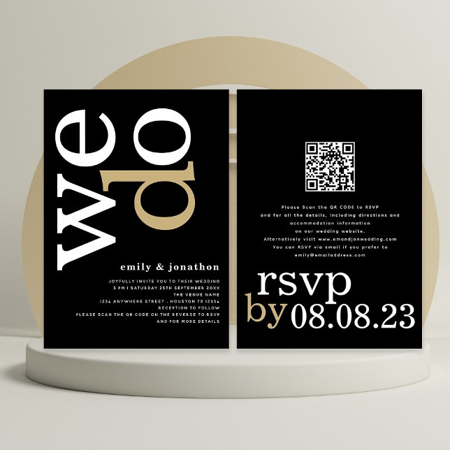 Modern Typography QR Code White Gold Black Wedding Invitation (Creator Uploaded)
