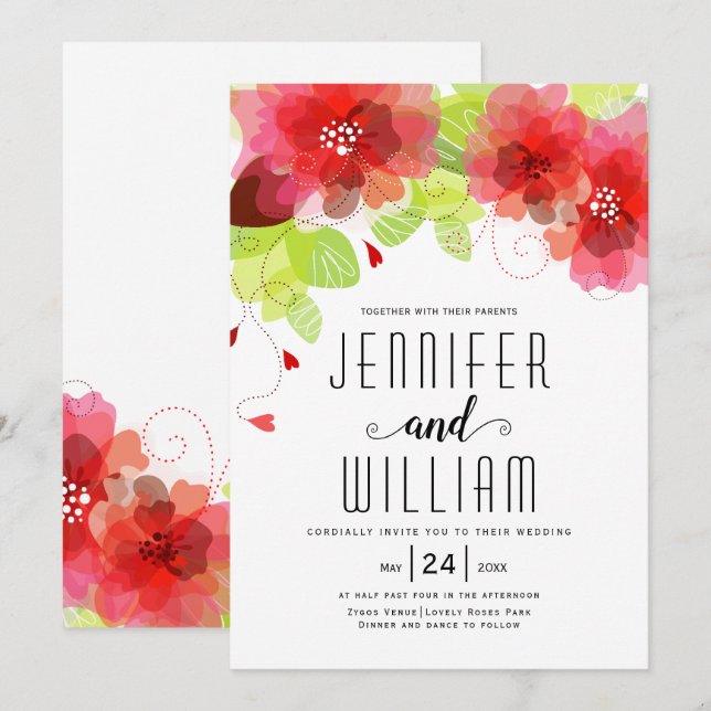 Modern typography red flowers floral wedding invitation (Front/Back)