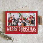 Modern Typography Red Photo Collage Christmas Holiday Card<br><div class="desc">Merry Christmas! Send your warm wishes this season with this customisable photo collage Christmas card. It features simple typography with a  red background. Personalise by adding your photos,  names,  year and other details. This modern Christmas card is available in other colours and cardstock.</div>