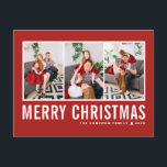 Modern Typography Red Photo Collage Christmas Holiday Postcard<br><div class="desc">Merry Christmas! Send your warm wishes this season with this customisable photo collage Christmas postcard. It features simple typography with a  red background. Personalise by adding your photos,  names,  year and other details. This modern Christmas postcard is available in other colours and cardstock.</div>