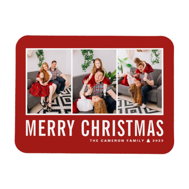 Modern Typography Red Photo Collage Christmas Magnet (Horizontal)