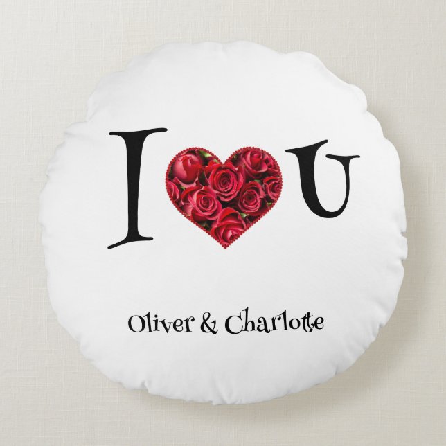 Modern Typography Red Roses Heart Valentines Day Round Cushion (Front)