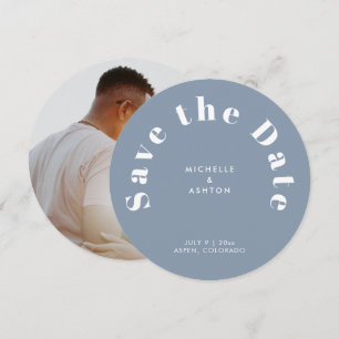 Modern Typography Round Circle Dusty Blue Save The Date