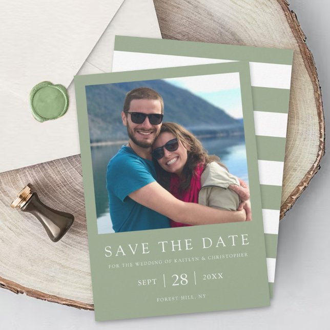Modern Typography Sage Green Minimalistic Photo Save The Date (Creator Uploaded)