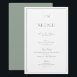 Modern Typography Sage Green Monogram Wedding Menu<br><div class="desc">Set the table with a touch of elegance using our Modern Typography Sage Green Monogram Wedding Menu. This beautifully designed menu features your personalised monogram at the top, gracefully rendered in a sophisticated sage green calligraphy. The delicate hue adds a soft, romantic touch to your reception decor, complementing any wedding...</div>