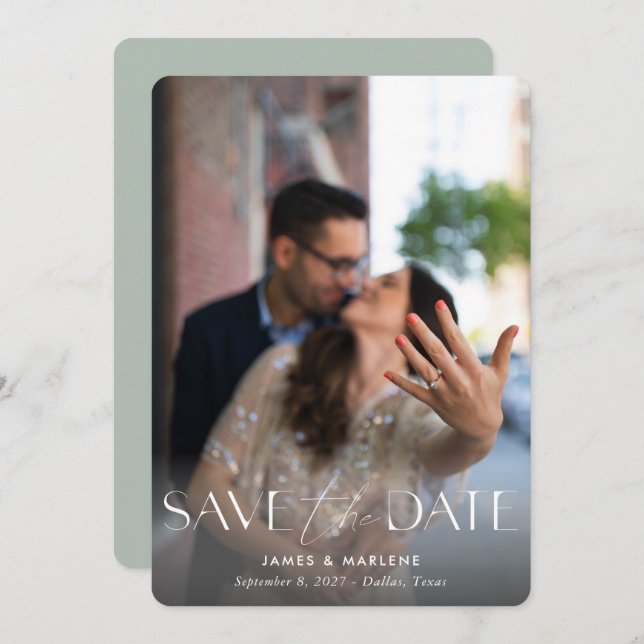 Modern Typography Sage Photo QR Code Wedding Save The Date (Front/Back)