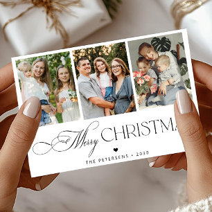 Modern typography script 3 photos Merry Christmas Holiday Card