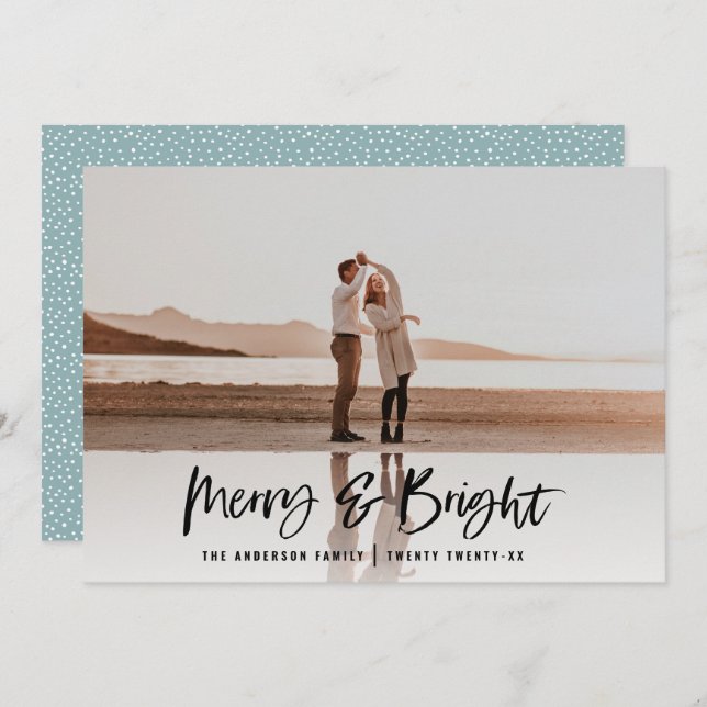 Modern typography script blue photo Christmas Holiday Card (Front/Back)