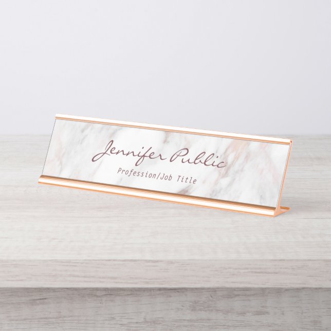 Modern Typography Script Elegant Rose Gold Marble Desk Name Plate (Front)