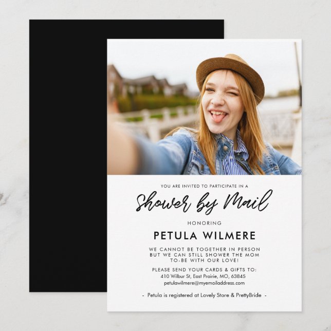 Modern typography Shower by mail photo Invitation (Front/Back)