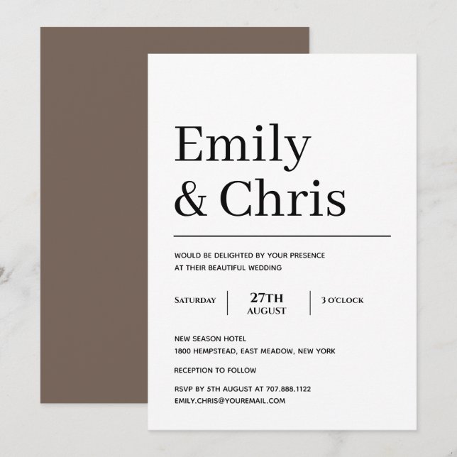 Modern Typography Simple Minimalist Wedding Invita Invitation (Front/Back)