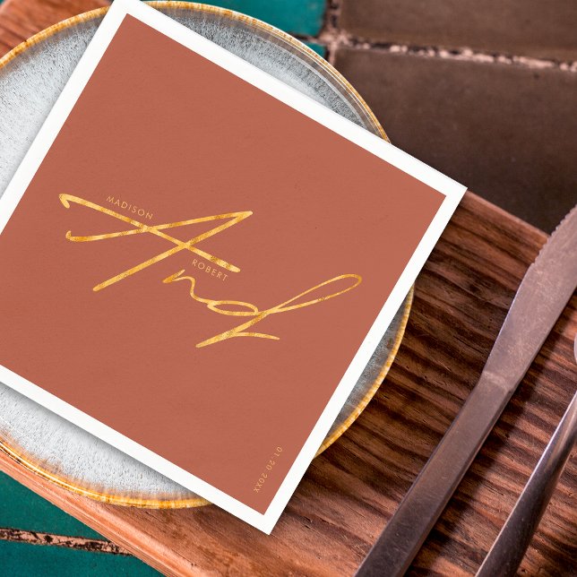 Modern Typography Simple Terracotta Gold Wedding Napkin (Creator Uploaded)