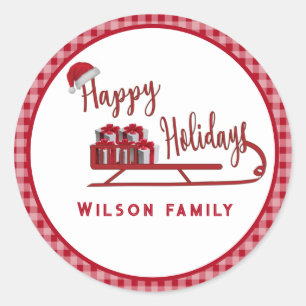 Modern typography Sledge Happy Holidays Classic Round Sticker