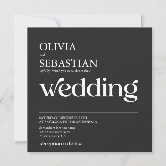 Modern Typography Square Photo Black Wedding Invitation (Front)