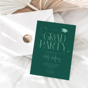 Modern Typography Stars Green Graduation Party Invitation