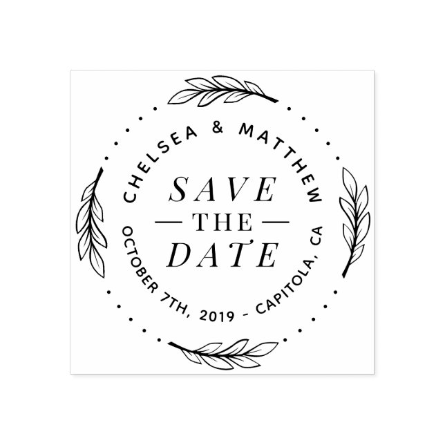 Modern Typography & Stylish Wreath Save The Date Rubber Stamp (Imprint)