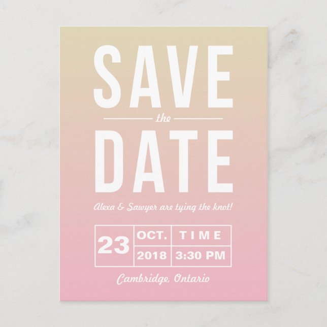 Modern Typography Sunset Ombre Save the Date Announcement Postcard (Front)