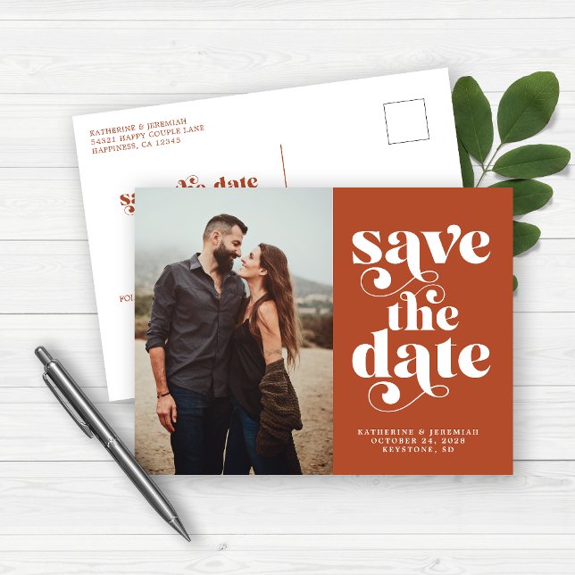 Modern Typography Terracotta Photo Save the Date Announcement Postcard (Creator Uploaded)