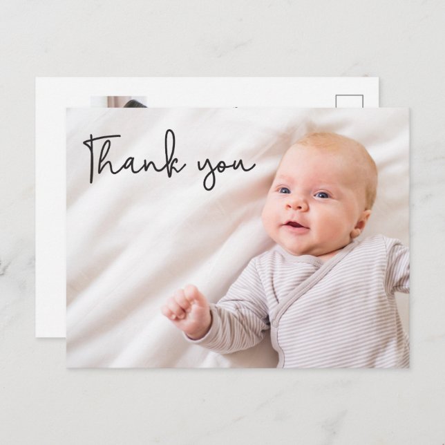 Modern typography Thank you Custom Baby Photos Announcement Postcard (Front/Back)