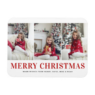 Modern Typography Three Photo Collage Christmas Magnet