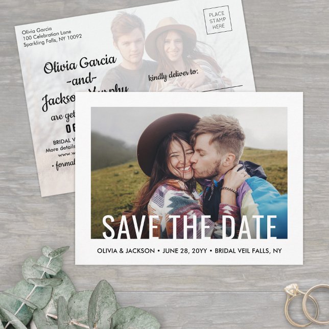 Modern Typography Two Photo Wedding Save the Date Announcement Postcard (Creator Uploaded)