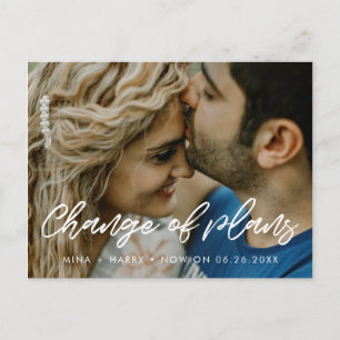 Modern typography wedding change of plans postcard