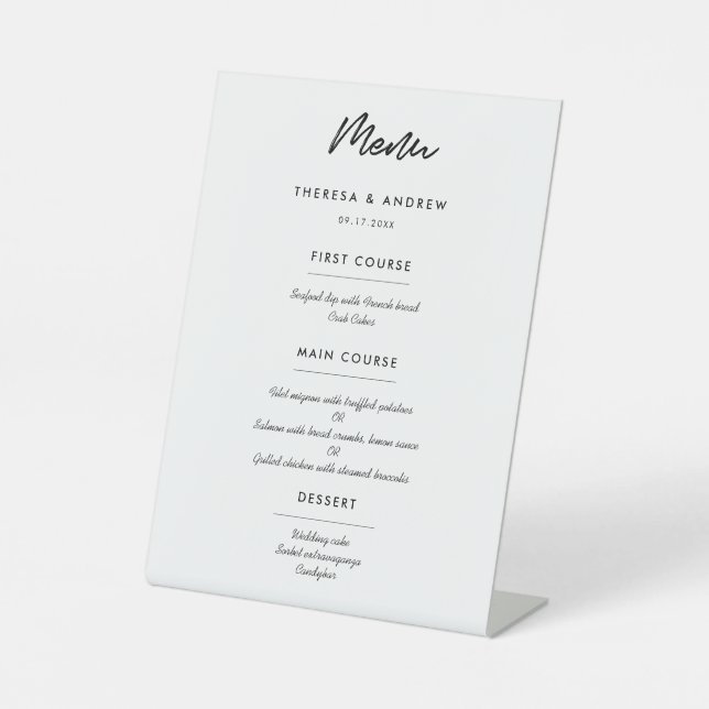 Modern typography wedding menu pedestal sign (Front)