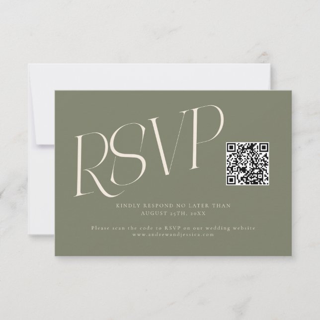 Modern Typography Wedding QR Code Sage Green RSVP Card (Front)
