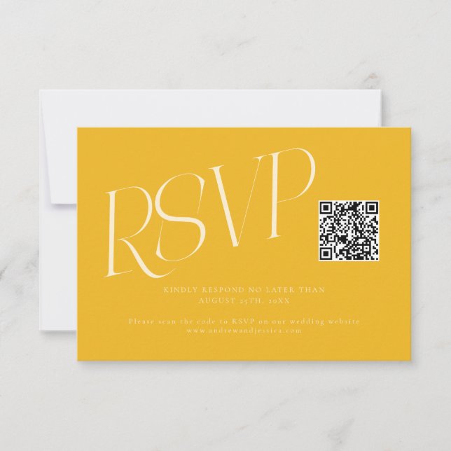 Modern Typography Wedding QR Code Yellow RSVP Card (Front)