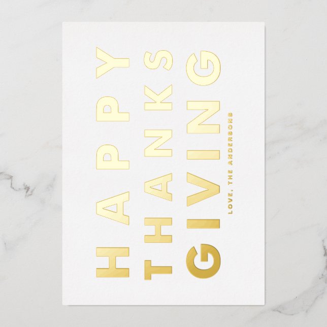 Modern Typography White Happy Thanksgiving Gold Foil Holiday Card (Front)