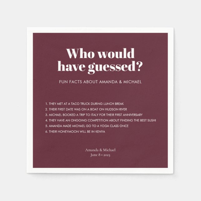 Modern Typography Wine Red Wedding Fun Facts Napkin (Front)
