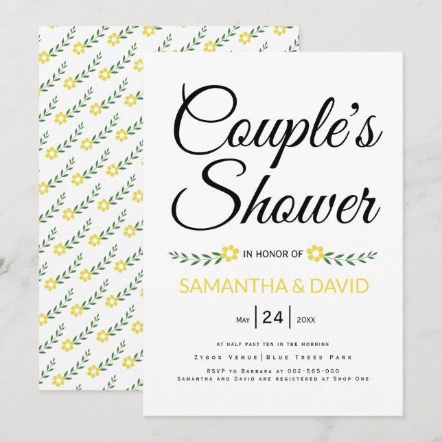 Modern typography yellow couples shower wedding invitation (Front/Back)