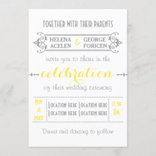 Modern typography yellow, grey wedding invitation