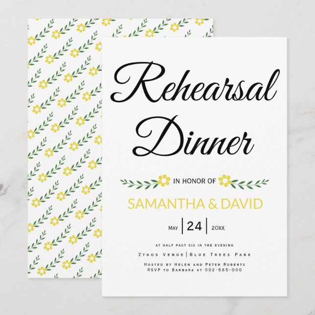 Modern typography yellow wedding rehearsal dinner invitation (Front/Back)